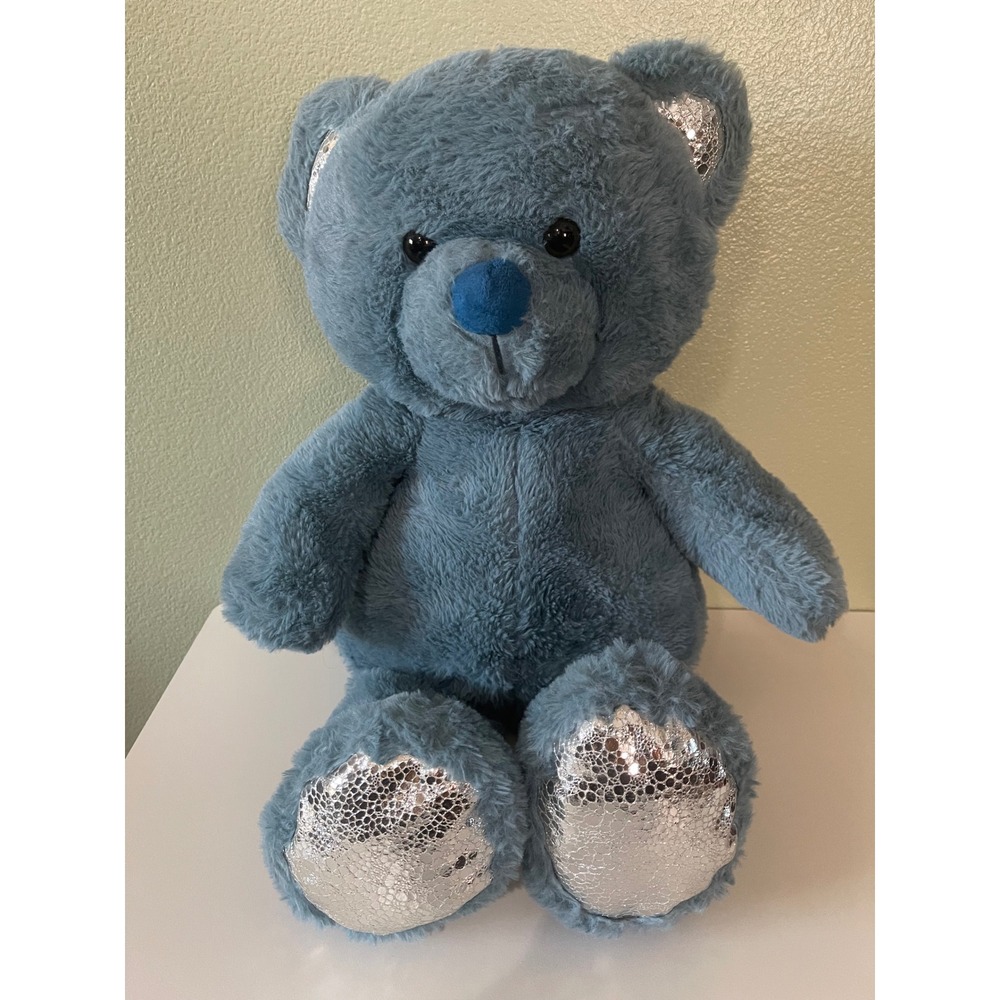 Russ Blue Teddy Bear Silver Glittery Textured Paws and Ears Stuffed Plush Used